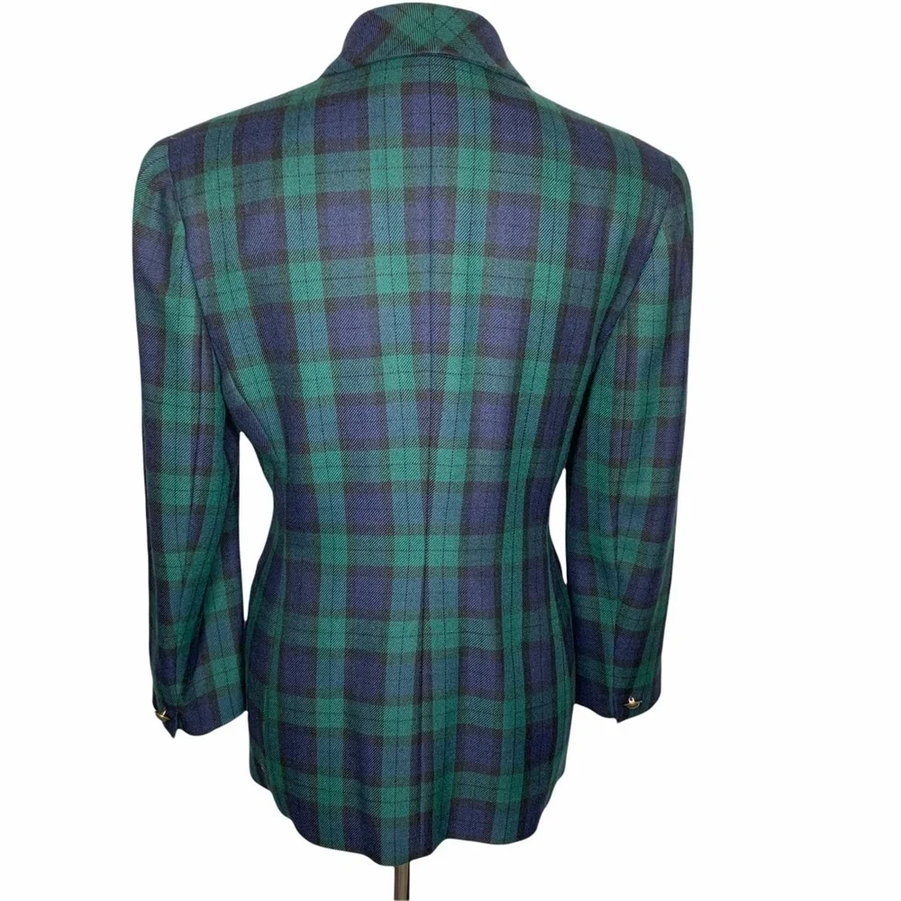 Y2K Rena Rowan Saville Wool Blend Tartan Plaid Blazer Brass Buttons Size 10P